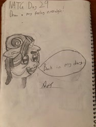 Size: 3024x4032 | Tagged: safe, artist:goldenmidnight, derpibooru import, starlight glimmer, age progression, back in my day, detailed hair, monochrome, newbie artist training grounds, older, speech bubble, traditional art