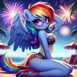 Size: 1024x1024 | Tagged: safe, ai content, derpibooru import, generator:dall-e 3, machine learning generated, rainbow dash, anthro, aviator sunglasses, beach, bikini, breasts, clothes, evening, female, fireworks, high heels, kneeling, looking at you, missing cutie mark, ocean, shoes, smiling, solo, sunglasses, swimsuit, umbrella, water