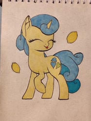 Size: 957x1280 | Tagged: safe, artist:nutellaenjoyer, derpibooru import, lemon hearts, pony, unicorn, ^^, cute, ear fluff, ears, eyes closed, female, food, full body, horn, lemon, mare, paper background, raised hoof, raised leg, solo, tongue, tongue out, traditional art