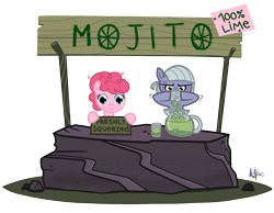 Size: 1800x1400 | Tagged: safe, artist:mafon, derpibooru import, limestone pie, pinkie pie, earth pony, g4, cross-popping veins, drink, duo, duo female, emanata, female, filly, foal, lemonade stand, mare, rock, sign, signature, simple background, smiling, transparent background