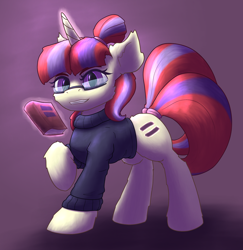 Size: 1878x1933 | Tagged: safe, artist:gosha305, derpibooru import, moondancer, pony, unicorn, g4, alternate hairstyle, alternate universe, book, clothes, ear fluff, ears, equal cutie mark, evil, female, fluffy, full body, glasses, glowing, glowing horn, gradient background, hair tie, horn, looking at you, magic, mare, scrunchie, smiling, smiling at you, solo, standing, sweater, telekinesis