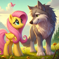 Size: 1024x1024 | Tagged: safe, ai content, derpibooru import, generator:bing image creator, generator:dall-e 3, machine learning generated, fluttershy, butterfly, pegasus, pony, wolf, g4, closed mouth, duo, female, flower, folded wings, grass, mare, nature, outdoors, paws, prompter:nightofcore, standing, tail, tree, wings