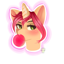 Size: 2560x2560 | Tagged: safe, artist:namelessplaza, derpibooru import, pony, unicorn, bubblegum, bust, food, gum, horn, neon, pink hair, portrait, sketch, solo