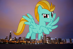 Size: 1600x1068 | Tagged: safe, artist:sketchmcreations, derpibooru import, edit, editor:jaredking779, lightning dust, pegasus, pony, g4, alternate eye color, attack on pony, chicago, female, giant pony, giantess, grin, highrise ponies, illinois, irl, looking at you, macro, mare, photo, ponies in real life, raised hoof, raised leg, red eyes, smiling, solo, spread wings, story included, vulgar description, wings