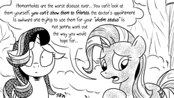 Size: 1200x675 | Tagged: safe, artist:pony-berserker, derpibooru import, starlight glimmer, trixie, pony, unicorn, pony-berserker's twitter sketches, duo, duo female, female, grayscale, horn, implied hemorrhoids, mare, monochrome, oh no, pony-berserker's twitter sketches (2024), simple background, the implications are horrible, victim, white background