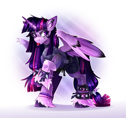 Size: 3780x3543 | Tagged: safe, artist:buvanybu, derpibooru import, twilight sparkle, twilight sparkle (alicorn), alicorn, pony, g4, belt, belt buckle, choker, clothes, ear fluff, ear piercing, ears, eyebrows, female, fishnet clothing, goth, gothic twilight, makeup, mare, piercing, raised hoof, raised leg, solo, spiked wristband, tongue, tongue out, tongue piercing, unshorn fetlocks, wings, wristband