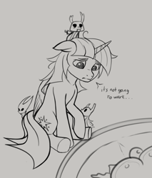 Size: 1020x1200 | Tagged: safe, artist:zetamad, derpibooru import, twilight sparkle, twilight sparkle (alicorn), alicorn, bug pony, insect, pony, atg 2024, crossover, grayscale, hollow knight, hornet (hollow knight), monochrome, newbie artist training grounds, ponified, sketch, species swap, the knight (hollow knight), zote