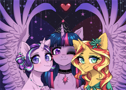 Size: 2795x1995 | Tagged: safe, artist:avrameow, derpibooru import, starlight glimmer, sunset shimmer, twilight sparkle, twilight sparkle (alicorn), alicorn, unicorn, alternate hairstyle, ear piercing, earring, female, horn, jewelry, necklace, piercing, spread wings, tiara, trio, trio female, wings