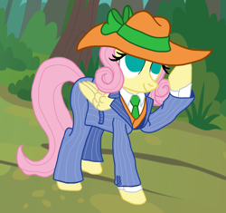 Size: 2620x2464 | Tagged: safe, artist:jesterofdestiny, derpibooru import, fluttershy, pegasus, pony, g4, alternate hairstyle, bow, clothes, folded wings, forest, hat, nature, necktie, outdoors, pinstripes, shirt, shirt with a collar, smiling, solo, suit, three piece suit, tree, vest, wings