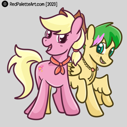 Size: 3000x3000 | Tagged: safe, artist:redpalette, derpibooru import, oc, oc:harmonic tune, oc:harmony star, earth pony, pegasus, bolo tie, cowboy hat, cute, earth pony oc, female, hat, looking at you, mare, neckerchief, open mouth, pegasus oc, smiling