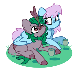 Size: 2012x1832 | Tagged: safe, artist:kindakismet, derpibooru import, oc, oc only, oc:meadowsong, oc:skywell, kirin, pegasus, cup, duo, duo male and female, female, food, grass, hug, male, simple background, straight, tea, teacup, transparent background, winghug, wings
