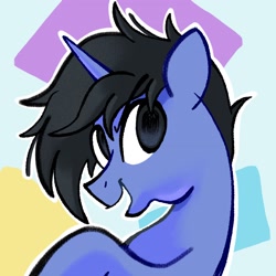 Size: 2048x2048 | Tagged: safe, artist:chipchapp, derpibooru import, oc, oc only, oc:cerulean draw, oc:loophoof, unicorn, abstract background, birthday art, black mane, blue coat, bust, gift art, high res, horn, male, no catchlights, open mouth, open smile, portrait, raised hoof, raised leg, smiling, solo, stallion, stallion oc, unicorn oc