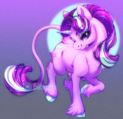Size: 900x872 | Tagged: safe, artist:cabbage-arts, derpibooru import, starlight glimmer, classical unicorn, pony, unicorn, g4, cloven hooves, eyebrows, eyebrows visible through hair, female, head turn, hip fluff, leonine tail, lidded eyes, looking at you, mare, smiling, smiling at you, solo, sparkles, tail, three quarter view, unshorn fetlocks