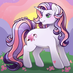 Size: 2400x2400 | Tagged: safe, artist:sparkytopia, derpibooru import, sweetie belle (g3), pony, unicorn, g3, commission, cute, female, g3 diasweetes, gradient hooves, green eyes, horn, looking away, mare, redesign, signature, solo, white coat