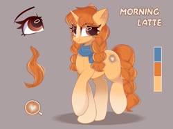 Size: 2048x1533 | Tagged: safe, artist:janelearts, derpibooru import, oc, oc only, pony, unicorn, blaze (coat marking), braid, braided tail, clothes, coat markings, facial markings, female, horn, mare, reference sheet, scarf, socks (coat marking), tail