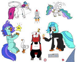 Size: 3051x2448 | Tagged: safe, artist:supahdonarudo, derpibooru import, princess celestia, queen novo, oc, oc:icebeak, oc:ironyoshi, oc:sea lilly, alicorn, bird, classical hippogriff, goose, hippogriff, parrot, unicorn, atg 2024, box, camera, chair, chef's hat, cloud, dorsal fin, fin, flying, food, hat, holding, horn, jewelry, lying down, necklace, newbie artist training grounds, onomatopoeia, parakeet, pearl, pizza box, popsicle, prone, queen novo's orb, rocket, shell, simple background, sitting, sleeping, sound effects, super mario bros., super star, transparent background, zzz