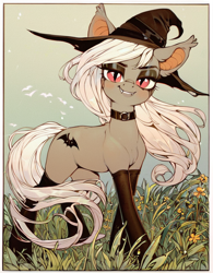 Size: 760x976 | Tagged: safe, ai content, derpibooru import, generator:pony diffusion v6 xl, generator:stable diffusion, machine learning generated, bat pony, clothes, hat, prompter:radioglitch, stockings, thigh highs, witch hat