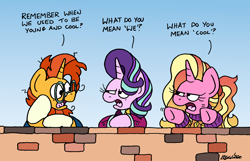 Size: 2168x1400 | Tagged: safe, artist:bobthedalek, derpibooru import, luster dawn, starlight glimmer, sunburst, pony, unicorn, g4, air quotes, atg 2024, blaze (coat marking), clothes, coat markings, facial markings, father and child, father and daughter, female, head in hooves, horn, luster dawn is starlight's and sunburst's daughter, male, mother and child, mother and daughter, newbie artist training grounds, older, older starlight glimmer, older sunburst, parent and child, parent:starlight glimmer, parent:sunburst, parents:starburst, socks (coat marking), sweater, wall