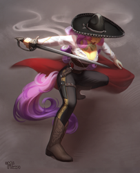 Size: 3000x3700 | Tagged: safe, artist:miurimau, derpibooru import, oc, oc:quickdraw, badass, belt, boot, boots, breasts, buckle, bullet belt, cape, cigar, cleavage, clothes, commissioner:dhs, cowboy boots, freckles, gun, handgun, hat, knife, matador, mexican, rapier, revolver, shiny, shoes, smoke, stance, sword, weapon