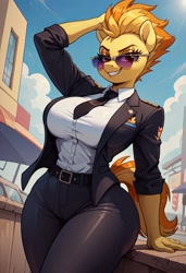 Size: 821x1200 | Tagged: safe, ai content, derpibooru import, machine learning generated, spitfire, anthro, g4, big breasts, breasts, clothes, jacket, necktie, pants, prompter:lotsofcaps, solo, titfire