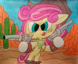 Size: 2617x2141 | Tagged: artist needed, safe, derpibooru import, oc, oc:quickdraw, bipedal, boots, cactus, chest fluff, chibi, coat markings, complex background, cowboy boots, cowboy hat, desert, freckles, gun, handgun, handkerchief, hat, hoof ring, mountain, revolver, shoes, smug, socks (coat marking), weapon