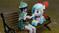 Size: 5760x3240 | Tagged: safe, artist:the luna fan, derpibooru exclusive, derpibooru import, oc, oc:sweet elis, earth pony, 3d, bench, blender, boop, clothes, crossover, genshin impact, high res, looking at each other, looking at someone, ribbon, smiling, socks, striped socks, unusual eyes, venti (genshin impact)