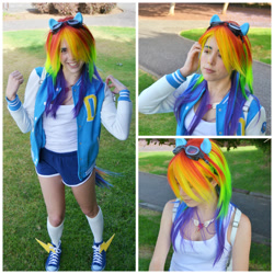 Size: 1024x1024 | Tagged: safe, artist:elimicho, derpibooru import, rainbow dash, human, g4, clothes, cosplay, costume, female, goggles, human female, irl, irl human, multicolored hair, photo, rainbow hair