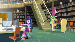 Size: 1280x720 | Tagged: safe, derpibooru import, screencap, cheerilee, spike, spike the regular dog, twilight sparkle, human, equestria girls, g4, book, boots, canterlot high, cart, clothes, computer, confused, high heel boots, library, my little pony equestria girls, raised leg, shirt, shoes, skirt, stairs