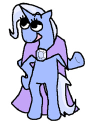 Size: 318x419 | Tagged: safe, artist:fragonreal, derpibooru import, trixie, pony, unicorn, g4, bipedal, cape, clothes, eyebrows, eyebrows visible through hair, floating eyebrows, hat, hoof on hip, horn, lidded eyes, open mouth, open smile, pixel-crisp art, simple background, smiling, solo, standing, trixie's cape, trixie's hat, white background