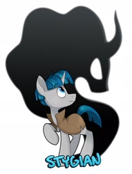 Size: 1562x2048 | Tagged: safe, artist:luximus17, derpibooru import, pony of shadows, stygian, pony, unicorn, g4, cloak, clothes, duo, duo male, horn, looking back, male, simple background, stallion, white background