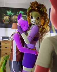 Size: 793x991 | Tagged: safe, artist:stellarator, derpibooru import, adagio dazzle, oc, oc:juicebox, oc:peach cobbler, anthro, unguligrade anthro, comic:we will be adored, comic:we will be adored part 61, g4, 3d, blender, blender cycles, comic, cute, hug, not sfm, trio