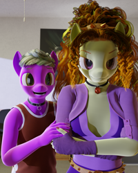 Size: 1017x1271 | Tagged: safe, artist:stellarator, derpibooru import, adagio dazzle, oc, oc:peach cobbler, anthro, unguligrade anthro, comic:we will be adored, comic:we will be adored part 61, g4, 3d, blender, blender cycles, comic, crossed arms, cute, duo, duo male and female, female, male, not sfm