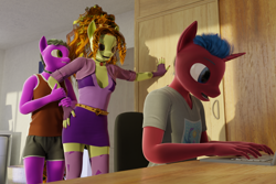 Size: 1350x900 | Tagged: safe, artist:stellarator, derpibooru import, adagio dazzle, oc, oc:juicebox, oc:peach cobbler, anthro, unguligrade anthro, comic:we will be adored, comic:we will be adored part 61, g4, 3d, blender, blender cycles, comic, computer, cute, laptop computer, not sfm, trio