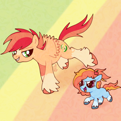 Size: 2048x2048 | Tagged: safe, artist:doodlesinky, derpibooru import, oc, oc only, oc:apple slice, oc:cloudy sunshine, earth pony, pegasus, pony, blaze (coat marking), brother and sister, coat markings, colt, duo, duo male and female, facial markings, female, filly, foal, freckles, gradient background, looking at each other, looking at someone, magical lesbian spawn, male, mare, offspring, open mouth, open smile, parent:applejack, parent:rainbow dash, parents:appledash, running, siblings, small wings, smiling, socks (coat marking), stallion, wings