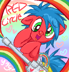 Size: 314x329 | Tagged: safe, artist:muffinz, derpibooru import, oc, oc only, oc:red circle, earth pony, pony, clothes, clown, clown nose, gradient background, joke oc, machine, pants, pixel-crisp art, rainbow, rainbow background, rainbow gun, red nose, solo