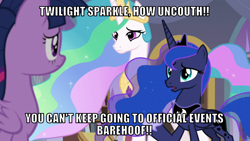 Size: 1066x600 | Tagged: safe, derpibooru import, edit, edited screencap, editor:twi clown, screencap, princess celestia, princess luna, twilight sparkle, twilight sparkle (alicorn), alicorn, pony, g4, the summer sun setback, caption, female, image macro, mare, text, trio, trio female, we don't normally wear clothes