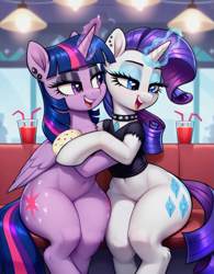 Size: 1121x1439 | Tagged: safe, ai content, derpibooru import, generator:pony diffusion v6 xl, generator:stable diffusion, machine learning generated, rarity, twilight sparkle, twilight sparkle (alicorn), alicorn, pony, unicorn, g4, belly, belly button, chest fluff, choker, clothes, cookie, drink, duo, duo female, ear piercing, eyeshadow, female, food, goth, horn, laughing, lesbian, magic, makeup, mare, open mouth, open smile, piercing, prompter:thelight3d, rarilight, shipping, sitting, smiling, spiked choker