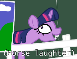 Size: 256x196 | Tagged: safe, artist:this_sl0th, derpibooru import, twilight sparkle, pony, unicorn, g4, faic, fence, horn, horses doing horse things, laughing, open mouth, smiling, solo