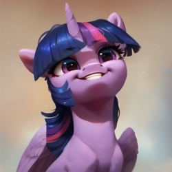 Size: 2048x2048 | Tagged: safe, ai content, derpibooru import, generator:pony diffusion v6 xl, generator:stable diffusion, machine learning generated, twilight sparkle, twilight sparkle (alicorn), alicorn, pony, g4, folded wings, gradient background, prompter:krivovyaz, smiling, solo, wings