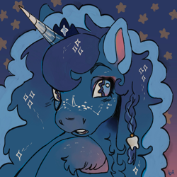 Size: 2048x2048 | Tagged: safe, artist:tearyeyedanimal, derpibooru import, princess luna, alicorn, pony, g4, braid, constellation, female, horn, jewelry, mare, solo, tiara