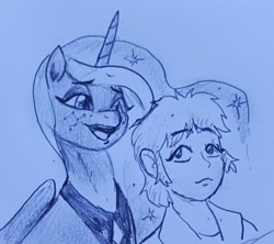 Size: 2048x1817 | Tagged: safe, artist:pony quarantine, derpibooru import, princess luna, alicorn, human, pony, g4, bluescale, bust, constellation freckles, duo, duo female, eyebrows, eyebrows visible through hair, female, freckles, mare, monochrome, open mouth, open smile, smiling, traditional art