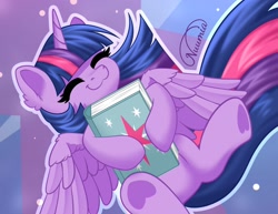 Size: 1974x1520 | Tagged: safe, artist:nuumia, derpibooru import, twilight sparkle, twilight sparkle (alicorn), alicorn, pony, g4, :3, book, bookhorse, cute, ear fluff, ears, eyes closed, female, happy, hoof heart, hoof hold, horn, mare, outline, signature, smiling, solo, spread wings, that pony sure does love books, twiabetes, twilight's cutie mark, underhoof, white outline, wing fluff, wings