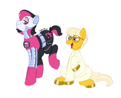 Size: 1051x854 | Tagged: safe, artist:dravenday, derpibooru import, earth pony, pony, robot, robot pony, alphys, bucktooth, clothes, duo, duo male and female, female, glasses, lab coat, looking at each other, looking at someone, looking back, male, mare, mettaton, mettaton ex, open mouth, open smile, ponified, raised hoof, raised leg, signature, simple background, sitting, smiling, smug, species swap, stallion, strutting, undertale, white background