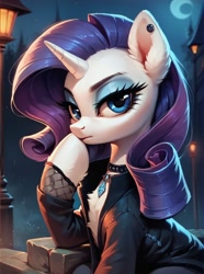 Size: 760x1024 | Tagged: safe, ai content, derpibooru import, generator:pony diffusion v6 xl, generator:stable diffusion, machine learning generated, rarity, pony, unicorn, g4, clothes, ear piercing, earring, eyeshadow, female, gothic, horn, jacket, jewelry, lidded eyes, makeup, mare, piercing, prompter:thelight3d, solo