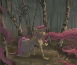 Size: 1280x1084 | Tagged: safe, artist:yudvacof, derpibooru import, fluttershy, anthro, pegasus, plantigrade anthro, g4, all fours, clothes, dress, female, forest, i've seen enough hentai to know where this is going, jewelry, nature, pendant, solo, tentacles, tree