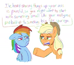 Size: 1592x1390 | Tagged: safe, artist:dravenday, derpibooru import, applejack, rainbow dash, earth pony, pegasus, pony, g4, duo, duo female, ears, female, floppy ears, frown, insult, lidded eyes, looking at each other, looking at someone, mare, simple background, vulgar, white background