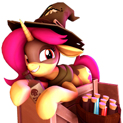 Size: 1080x1080 | Tagged: safe, artist:myahster, artist:sgt.acey, derpibooru import, oc, oc only, oc:mystery brew, unicorn, 3d, barrel, box, crate, female, hat, horn, looking at you, mare, potion, simple background, solo, source filmmaker, transparent background, witch hat