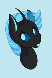 Size: 1365x2048 | Tagged: safe, artist:mscolorsplash, derpibooru import, oc, oc only, changeling, blue changeling, blue sclera, bust, changeling oc, female, light blue background, no pupils, simple background, solo, tongue, tongue out