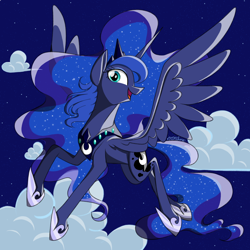 Size: 1080x1080 | Tagged: safe, artist:astralune, derpibooru exclusive, derpibooru import, princess luna, alicorn, pony, g4, cloud, concave belly, ethereal mane, jewelry, looking at you, night, open mouth, regalia, signature, smiling, smiling at you, solo, spread wings, starry mane, stars, thin, wings