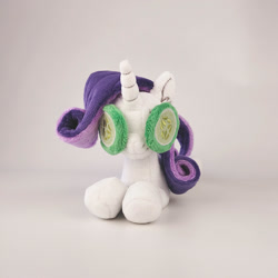 Size: 1000x1000 | Tagged: safe, artist:larsen toys, derpibooru import, rarity, original species, unicorn, cucumber, female, food, horn, lying down, mare, photo, plush pony, plushie, solo